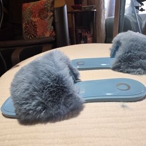 ESO Blue Furry Slide Sandals. Hard, Plastic Sole. Can be worn inside or outdoors